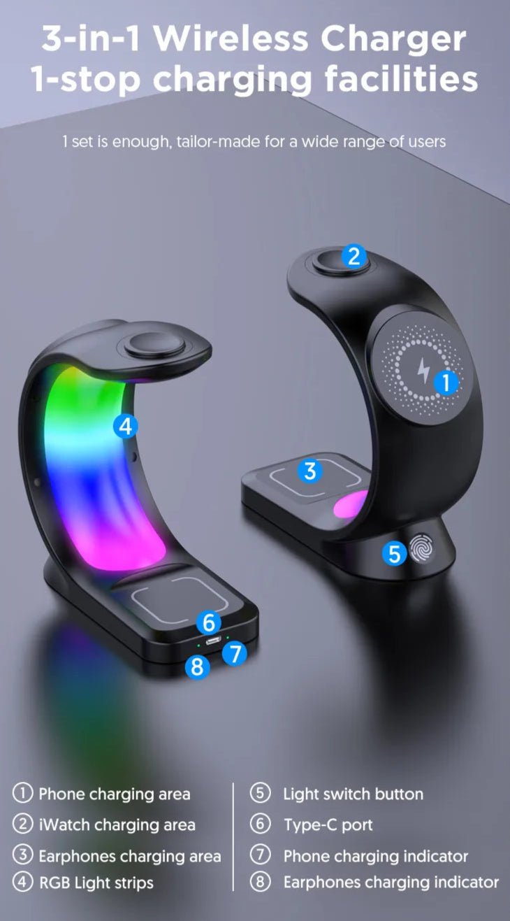 GlowDock™ – RGB 3 - in - 1 Magnetic Wireless Charging Station - Katchy Vibez